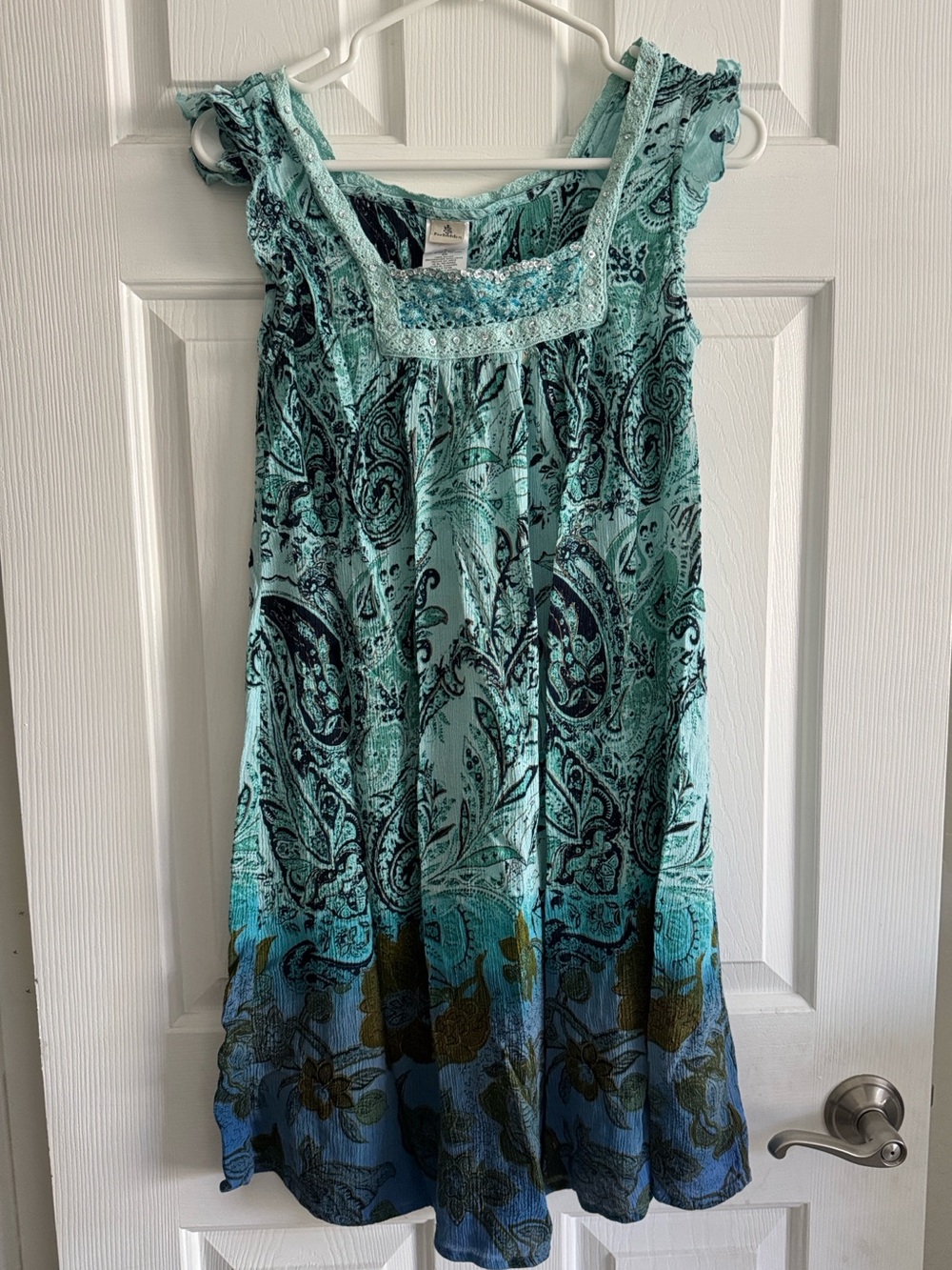 Aqua Paisley Sleeveless Sundress with Blue Floral Hem - Picture 2 of 5